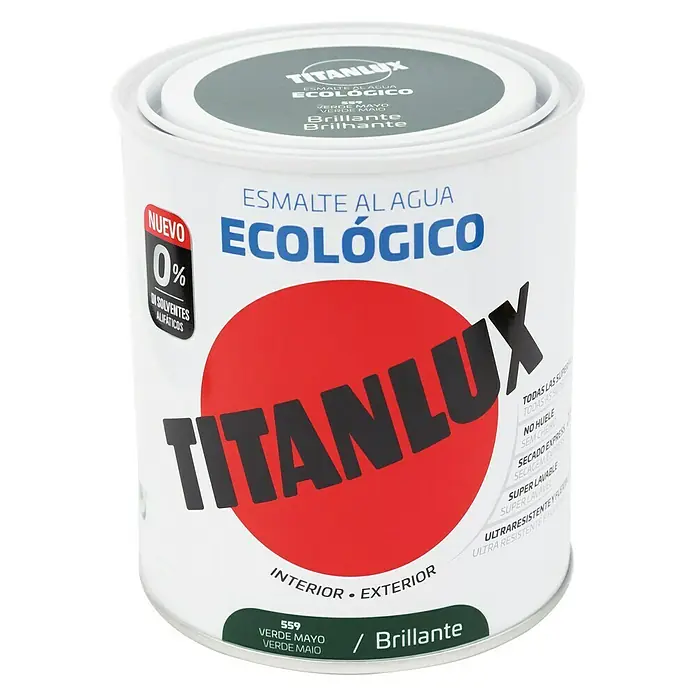 Titanlux Esmalte de color Eco - Verde mayo, Reluciente, 750 ml, Base de agua - Pintura al agua Titanlux Ecologico en verde. Ideal para uso interior y exterior, ecológica y duradera.