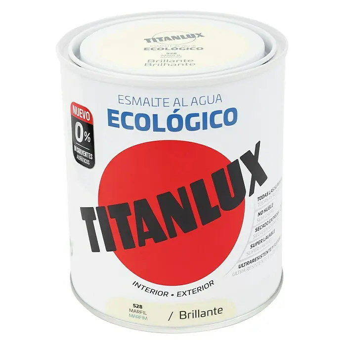 Titanlux Esmalte de color Eco - Marfil, Reluciente, 750 ml, Base de agua - Lata blanca de pintura al agua "Ecologico" de Titanlux con logo rojo y etiquetas sobre sus propiedades y color.