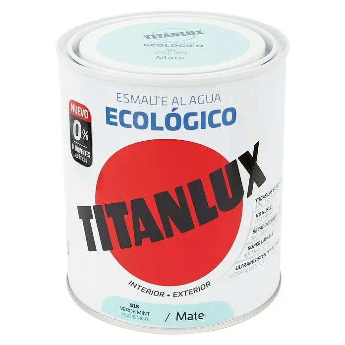 Titanlux Esmalte de color Eco - Verde mint, Mate, 750 ml, Base de agua - Bote de pintura al agua Titanlux, ecológica, color verde menta, acabado mate. Ideal para interiores y exteriores, sin disolventes.