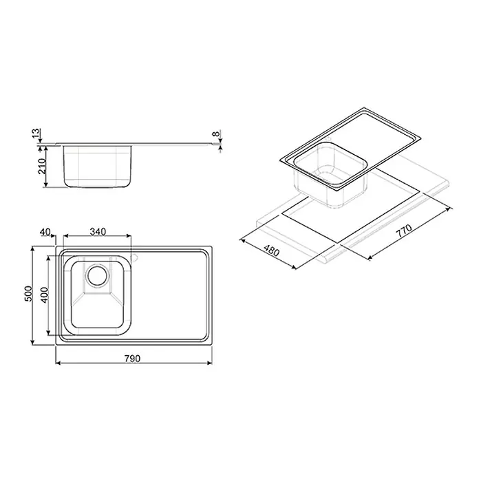 Smeg Fregadero encastrable SP791 D - 50 x 79 cm, Acero inoxidable - Dibujo técnico de un fregadero de 790 x 500 mm con una profundidad de cubeta de 210 mm.