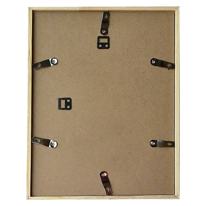 Accent Holzrahmen Oslo - 50 x 70 cm, Weiß - Nahaufnahme der Rückseite eines hellen Holzbilderrahmens, der die Befestigungsmechanismen und die Rückwand zeigt.