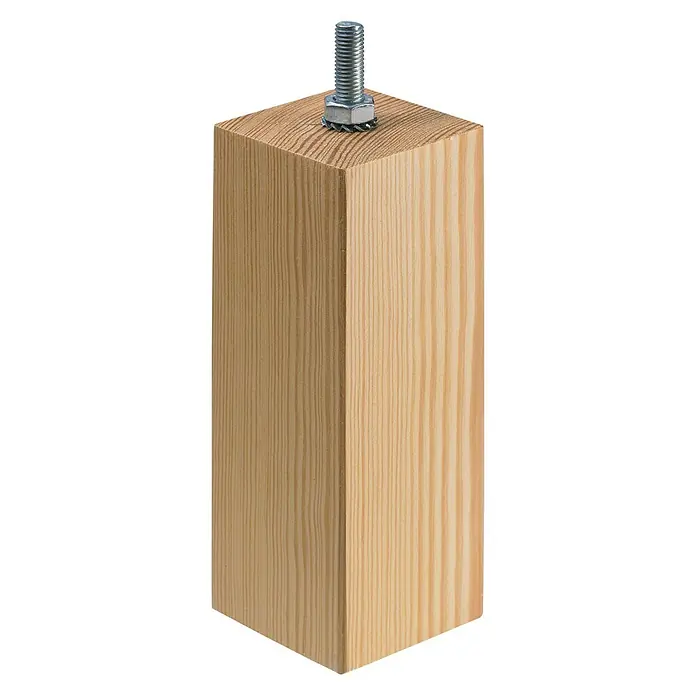 Hettich Möbelfuß Brema - L x B x H: 5 x 5 x 15 cm, Traglast: 50 kg, Holz - Ein quadratisches, helles Holzbein mit einer Schraube und Mutter auf der Oberseite.