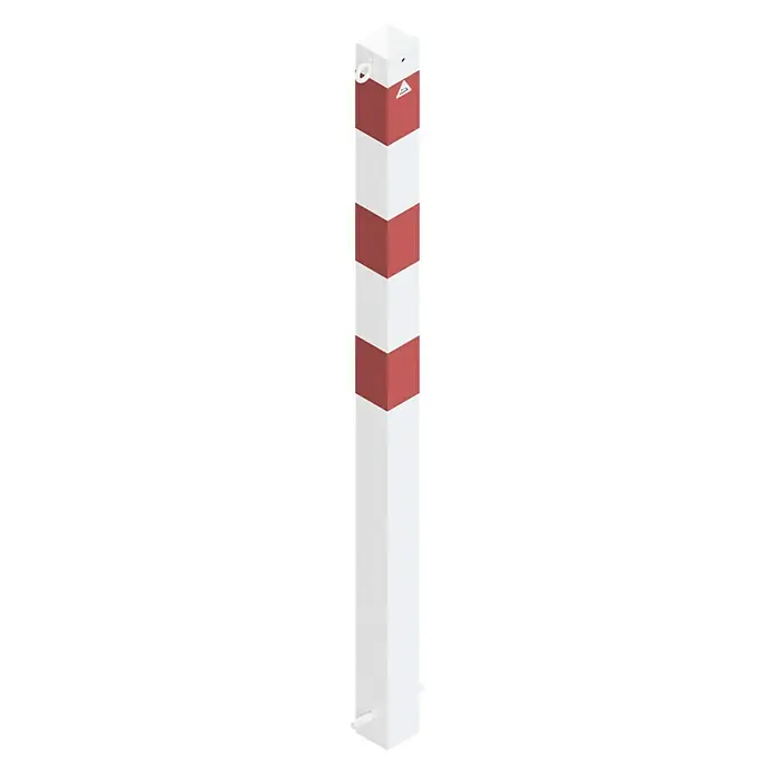 Schake Sperrpfosten - L x B x H: 70 x 70 x 1.300 mm, Stahl, Einbetonieren, Weiß/Rot, 2 Ösen - Ein hochauflösendes Bild von einem rot-weiß gestreiften, versperrbaren Poller, der für die Straßensicherung oder als Zufahrtssperre verwendet wird.