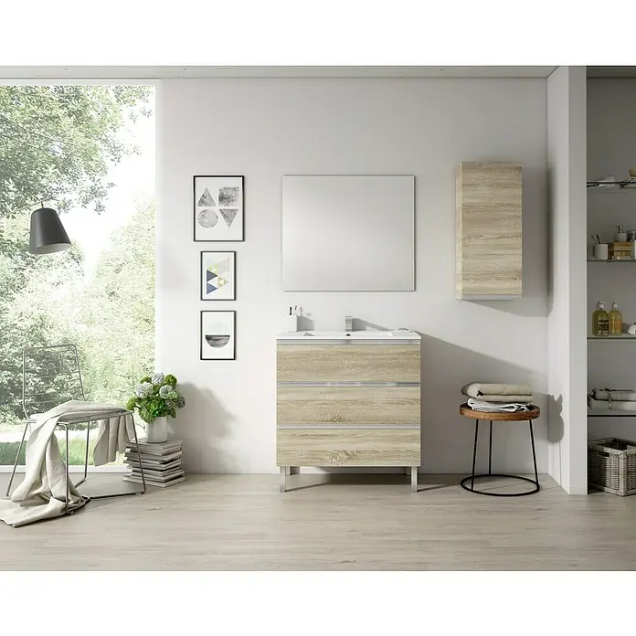Mueble bajo de lavabo Andrea - L x An x Al: 45 x 80 x 69 cm, Roble - Conjunto de baño con mueble de lavabo, espejo y armario colgante en acabado de madera clara para un toque moderno.