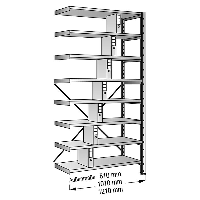 Scholz Aktenregal Anbauelement (Länge: 810 mm, Breite: 300 mm, Höhe: 2.640 mm, Traglast: 100 kg/Boden, Anzahl Böden: 8 Stk.)