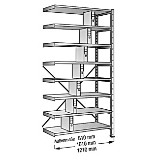 Scholz Aktenregal Anbauelement (H x B x T: 264 x 81 x 30 cm, Traglast pro Boden: 100 kg, Anzahl Böden: 8 Stk., Stecken, Silber)