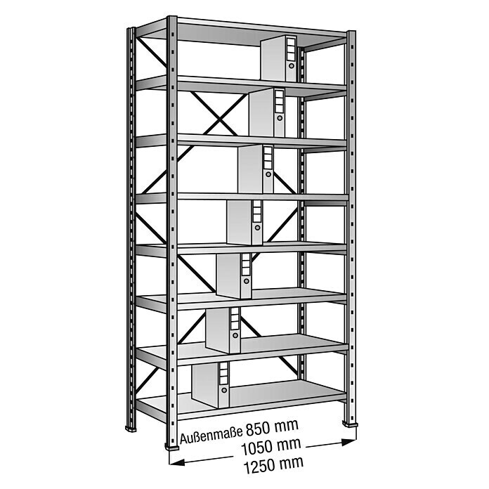 Scholz Aktenregal Grundelement (Länge: 1.250 mm, Breite: 300 mm, Höhe: 2.640 mm, Traglast: 60 kg/Boden, Anzahl Böden: 8 Stk.)