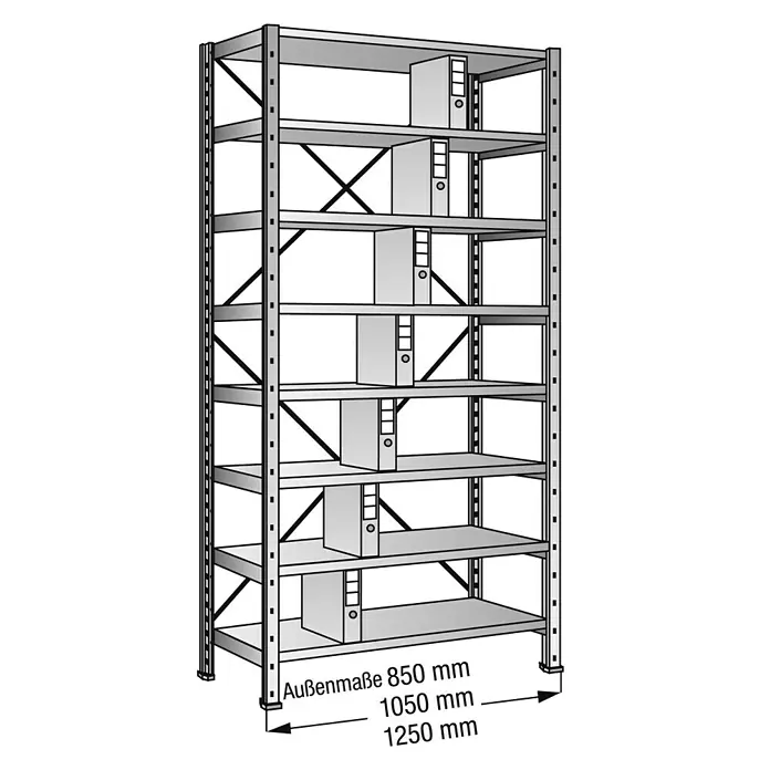 Scholz Aktenregal Grundelement - H x B x T: 264 x 125 x 30 cm, Traglast pro Boden: 60 kg, Anzahl Böden: 8 Stk., Stecken, Silber - Darstellung eines stabilen Schwerlastregals mit mehreren Ebenen und Aktenordnern für Lagerung.