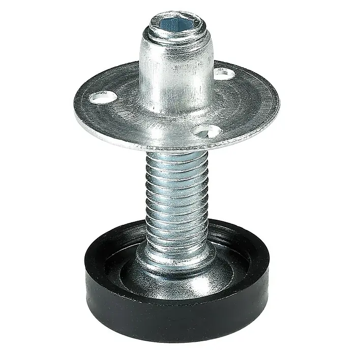 Hettich Regulierschrauben mit Mutter - Länge: 40 mm, Gewinde: M 8 - Nahaufnahme eines Möbelfußes mit Schraubgewinde, einer Metallplatte und einer schwarzen Kunststoffbasis für Möbel.