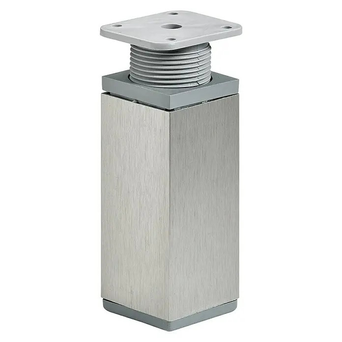 Hettich Möbelfuß - Traglast: 50 kg, Kunststoff, Höhenverstellung: 10 cm - 12 cm, Edelstahlfarben - Nahaufnahme eines silberfarbenen Möbelfußes mit verstellbarem Fuß und quadratischer Montageplatte für Möbel.