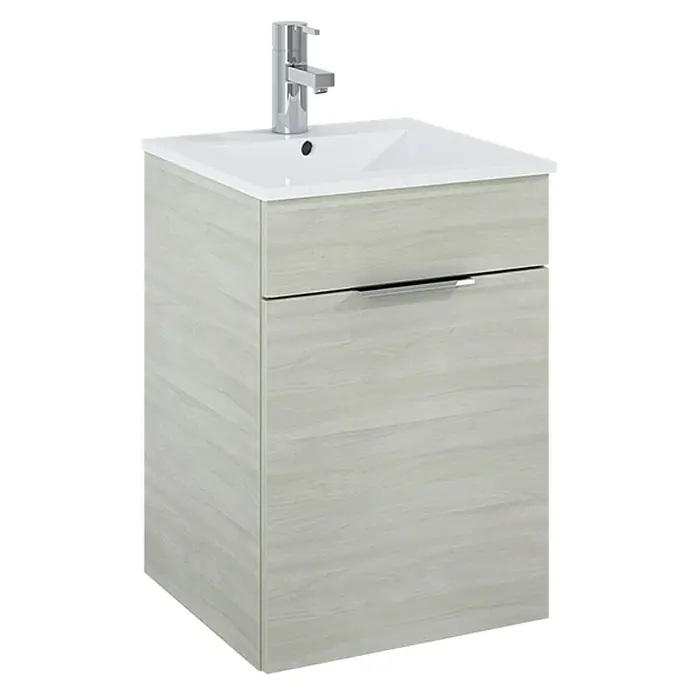 Badmöbel-Set Qubo Plus - Gesamtbreite Badmöbel: 40 cm, Eiche Silber, Matt, 2 -tlg. - Stilvoller Waschbeckenunterschrank in Holzoptik mit weißem Aufsatzwaschbecken und Chromarmatur. Praktische Stauraumlösung für das Badezimmer.