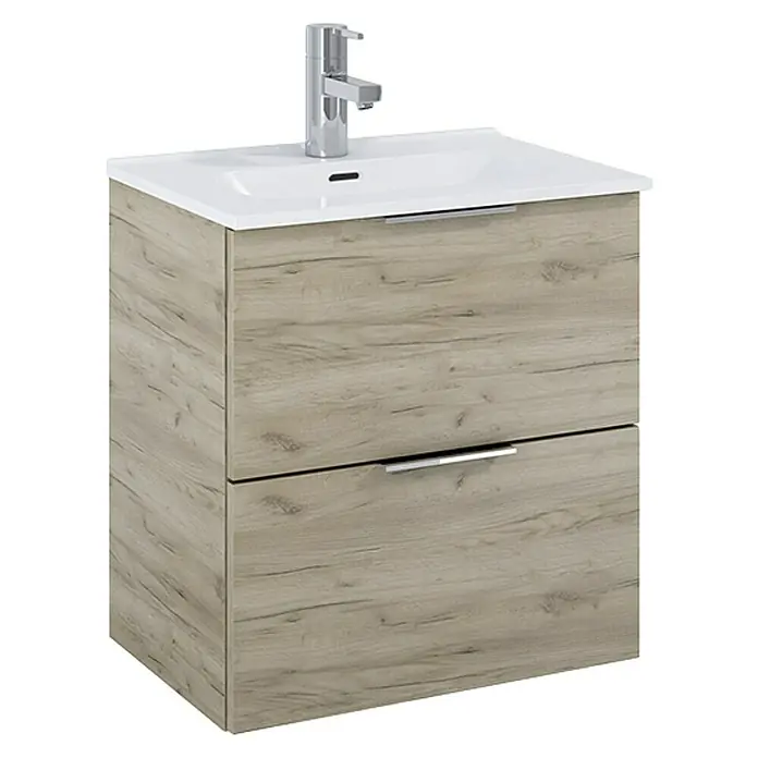 Riva Badmöbel-Set Street Plus - Gesamtbreite Badmöbel: 51,3 cm, Eiche Silber, Matt, 2 -tlg. - Badezimmerschrank mit Waschbecken und zwei Schubladen in Holzoptik mit Chromgriffen und Armatur.