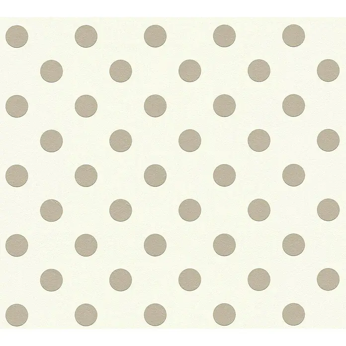 A.S. Création Boys And Girls 6 Vliestapete - Weiß/Taupe, Grafisch, 10,05 x 0,53 m - Beiges Tapetenmuster mit regelmäßig angeordneten, taupefarbenen Punkten für eine stilvolle Wandgestaltung im Innenbereich.