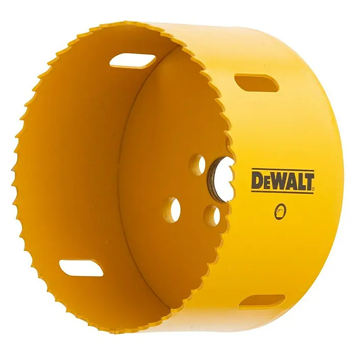 DeWalt Broca de taladro DT83 - 1 ud., Diámetro de la broca: 114 mm - Sierra de corona amarilla DeWalt con dientes y aberturas laterales para trabajos de perforación y cortes precisos.