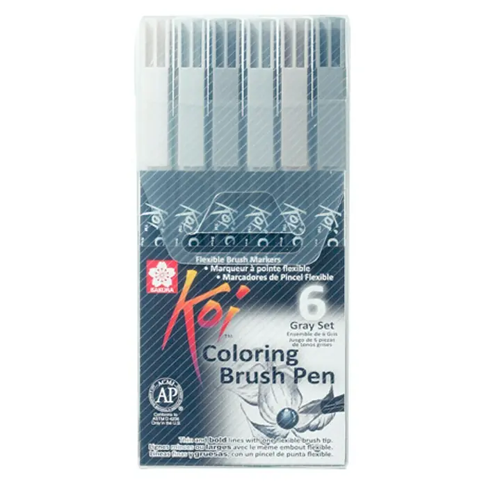 Talens Sakura Set de rotuladores punta pincel - 6 ud., Tonalidades de gris - Un paquete de rotuladores de pincel Sakura Koi Coloring, juego de 6 piezas en tonos grises, perfecto para artistas y aficionados.