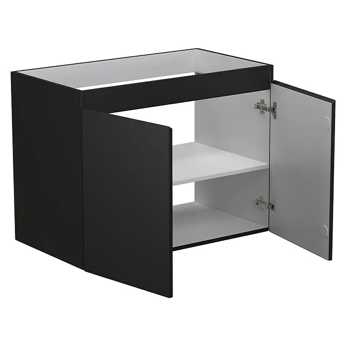 Camargue Espacio Waschtischunterschrank - 80 x 46 x 60 cm, 1 Einlegeboden, Gama anthrazit matt - Bild eines Unterschranks in Schwarz mit weißen Innenflächen und Regalen. Die Tür ist geöffnet und zeigt die Scharniere.