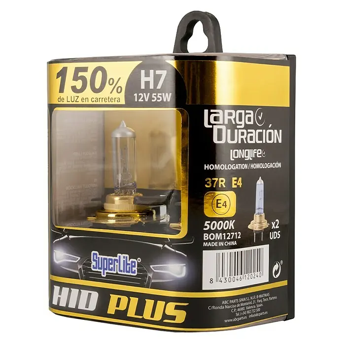 Bombilla para faro delantero BOM12712 - 12 V, 2 ud. - Embalaje de una bombilla de coche Superlite HID PLUS H7, 150% más de luz, 12V 55W, larga duración, 2 unidades.