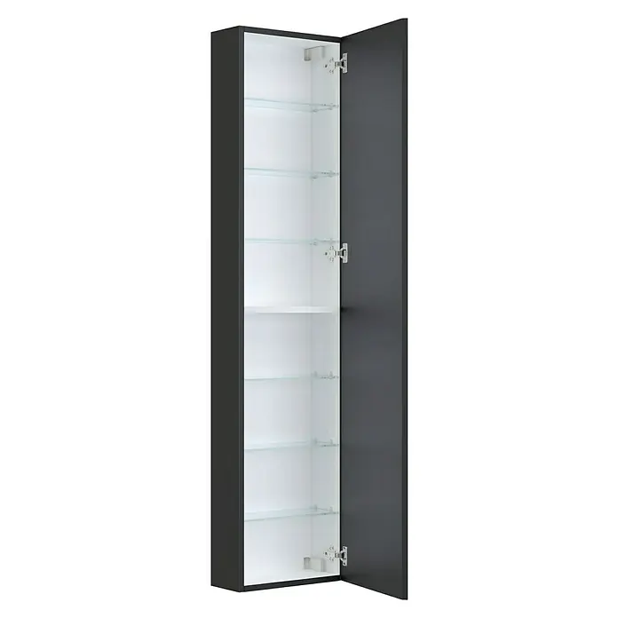 Camargue Espacio Hochschrank40 x 17 x 170 cm, Gama anthrazit matt - Hier ist ein offener, hochglänzender Badezimmerschrank in Anthrazit mit weißen Innenflächen und Glasablagen für eine stilvolle Badaufbewahrung.