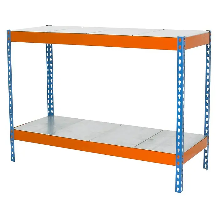 Simonrack Ecoforte Estantería metálica Metal - Al x An x Pr: 90 x 150 x 45 cm, Capacidad de carga por balda: 400 kg, Número de baldas: 2 ud., Inserción, Azul/Naranja - Estantería con estructura azul y dos estantes naranjas con superficie gris.