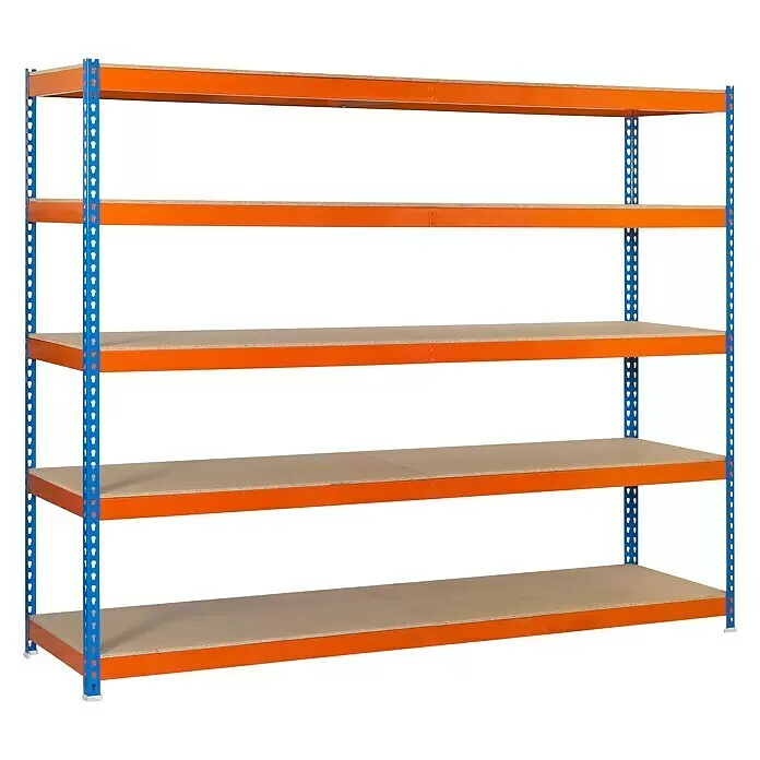 Simonrack Simonforte Estantería para cargas pesadas Chipboard - Al x An x Pr: 250 x 150 x 45 cm, Capacidad de carga por balda: 600 kg, Número de baldas: 5 ud., Inserción, Azul/Naranja - Estantería de cinco niveles con postes metálicos azules, vigas naranjas y estantes de madera.