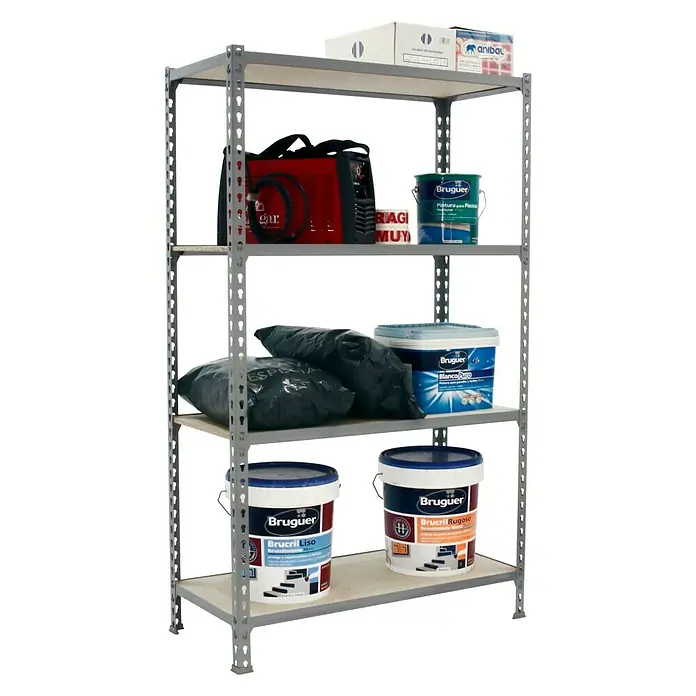 Simonrack Maderclick Metallregal Maderclick Mini - H x B x T: 150 x 80 x 50 cm, Traglast pro Boden: 150 kg, Anzahl Böden: 4 Stk., Stecken, Grau - Regal mit vier Ebenen, beladen mit Farbtöpfen, einer Schweiβmaschine und Kartons, ideal für Garage oder Keller zur Aufbewahrung.