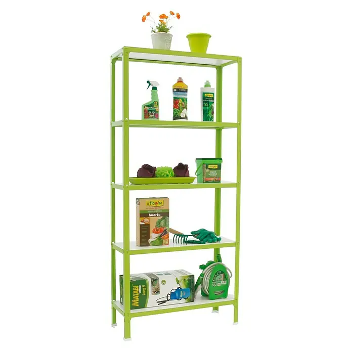 Simonrack Simonhome Metallregal Click Wood Mini - H x B x T: 180 x 80 x 30 cm, Traglast pro Boden: 150 kg, Anzahl Böden: 5 Stk., Stecken, Grün/Weiß - Gartenregal mit Gartenzubehör. Praktische Aufbewahrungslösung für Pflanzenpflege, Werkzeuge und Gartengeräte auf fünf Ebenen.