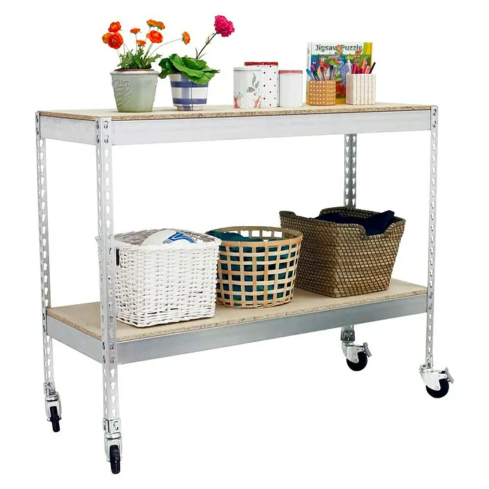 Simonrack Simontaller Estantería metálica Chipboard Mobile - Al x An x Pr: 90 x 150 x 45 cm, Capacidad de carga por balda: 75 kg, Número de baldas: 2 ud., Inserción, Galvanizado, Ruedas - Carrito rodante práctico con dos estantes, ideal para almacenamiento adicional y fácil movilidad en toda la casa. Perfecto para cocina, baño u oficina.