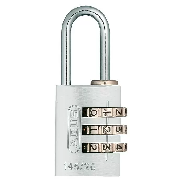 Abus Candado con combinación 145/20 - An x L: 22,5 x 82,5 mm, Aluminio, Número de dígitos en combinación: 3 ud., Plateado - Candado de combinación ABUS plateado con tres ruedas numeradas y un grillete.