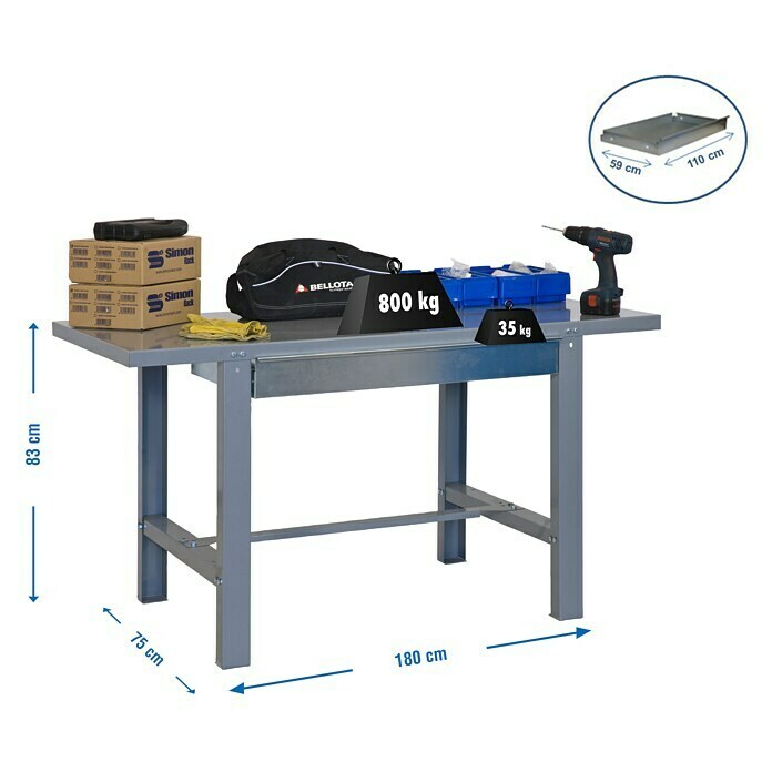 Simonrack Simonwork Banco de trabajo BT6 Metalic Box (L x Al: 73 x 83 cm, Ancho: 180 cm, Capacidad de carga: 800 kg, Gris)