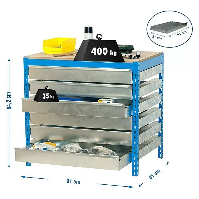 Simonrack Simonwork Banco de trabajo BT5 Box - L x An: 61 x 91 cm, Altura de trabajo: 84,2 cm, Carga soportada: 610 kg, Azul - Mesa de trabajo azul y plateada con tablero de madera, 5 cajones metálicos, medidas 84,2x91x61 cm. Tablero 400 kg, cajón 35 kg.
