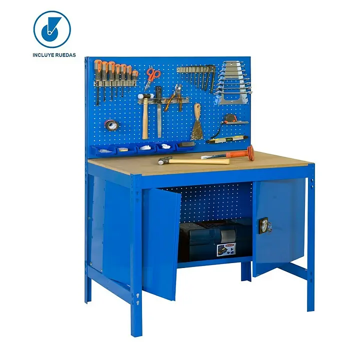 Simonrack Simonwork Banco de trabajo BT2 Locker Mobile - L x An: 61 x 121 cm, Altura de trabajo: 144,5 cm, Carga soportada: 120 kg, Azul - Banco de trabajo azul con herramientas en el panel trasero, ofrece almacenamiento con puertas. Ideal para hobby y taller.
