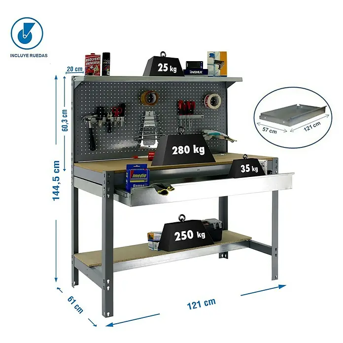 Simonrack Simonwork Banco de trabajo BT3 Box Mobile - L x An: 61 x 121 cm, Altura de trabajo: 144,5 cm, Carga soportada: 120 kg, Gris - Imagen de un banco de trabajo con herramientas e indicaciones de peso, que demuestra la capacidad de carga del banco.
