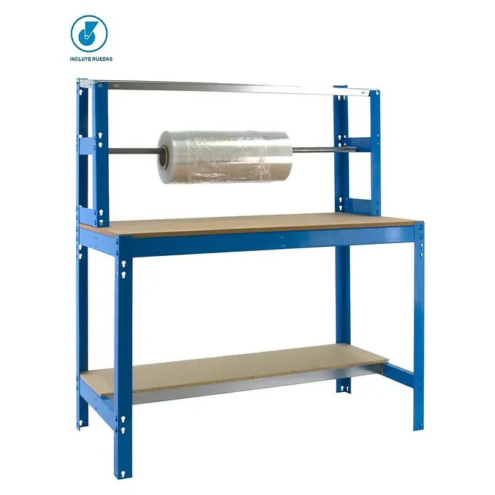 Simonrack Simonwork Banco de trabajo BT4 Mobile - L x An: 76 x 91 cm, Altura de trabajo: 156 cm, Carga soportada: 120 kg, Azul - Imagen de un mesa de embalaje con soporte para rollos, ideal para un embalaje eficiente. La construcción robusta garantiza durabilidad.