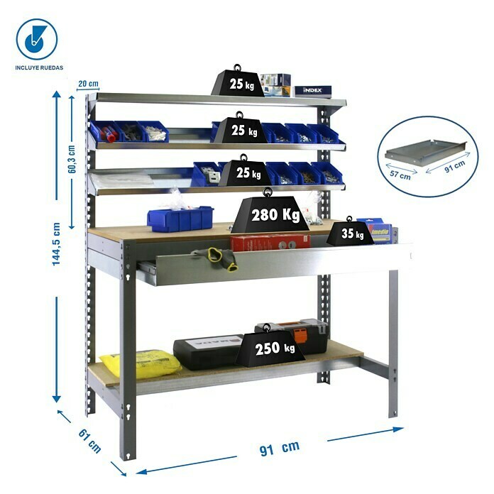Simonrack Simonwork Banco de trabajo BT1 Box Mobile (L x Al: 61 x 144,5 cm, Ancho: 91 cm, Capacidad de carga: 280 kg, Gris)