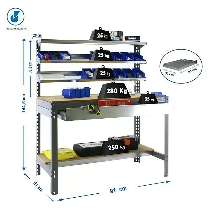 Simonrack Simonwork Banco de trabajo BT1 Box Mobile - L x An: 61 x 91 cm, Altura de trabajo: 152 cm, Carga soportada: 120 kg, Gris - Banco de trabajo metálico gris con tablero de madera, estantes, cajón y contenedores, mostrando capacidades y dimensiones. Incluye ruedas.