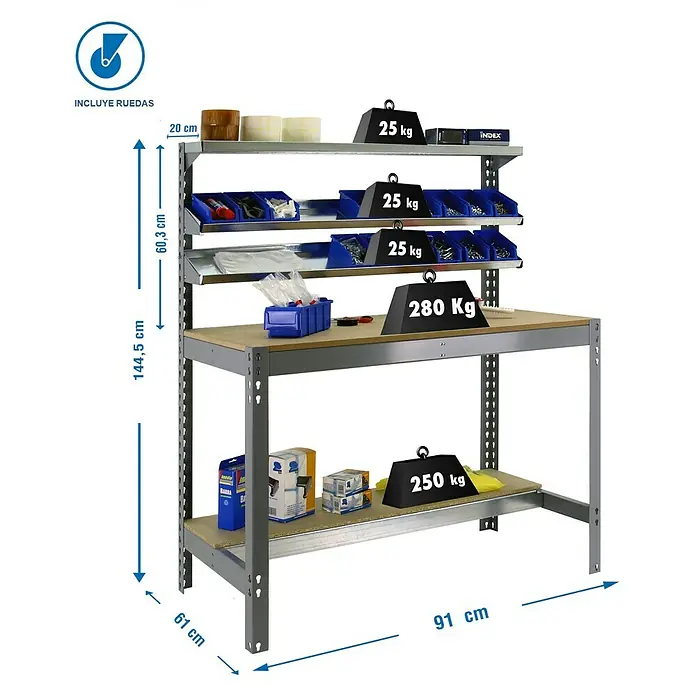 Simonrack Simonwork Banco de trabajo BT1 Mobile - L x An: 61 x 91 cm, Altura de trabajo: 152 cm, Carga soportada: 120 kg, Gris - Banco de trabajo con estanterías e indicaciones de peso, ofreciendo estabilidad y organización para espacios de trabajo.