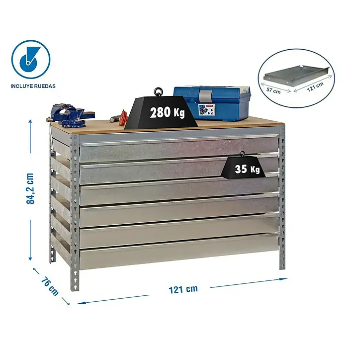 Simonrack Simonwork Banco de trabajo BT5 Box Mobile - L x An: 76 x 120 cm, Altura de trabajo: 95 cm, Carga soportada: 280 kg, Gris - Banco de trabajo con cajones y alta capacidad de carga, ideal para tareas de taller. Construcción robusta con dimensiones e indicaciones de peso.
