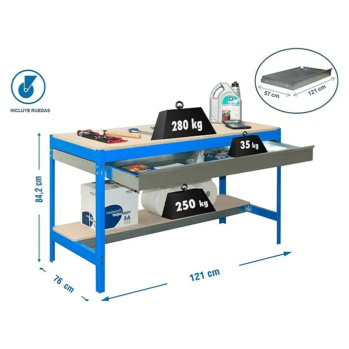 Simonrack Simonwork Banco de trabajo BT0 Box Mobile con panel 60 cm - L x An: 76 x 120 cm, Altura de trabajo: 95 cm, Carga soportada: 120 kg, Azul - Imagen de un banco de trabajo azul con cajón, estante, herramientas y especificaciones de peso.
