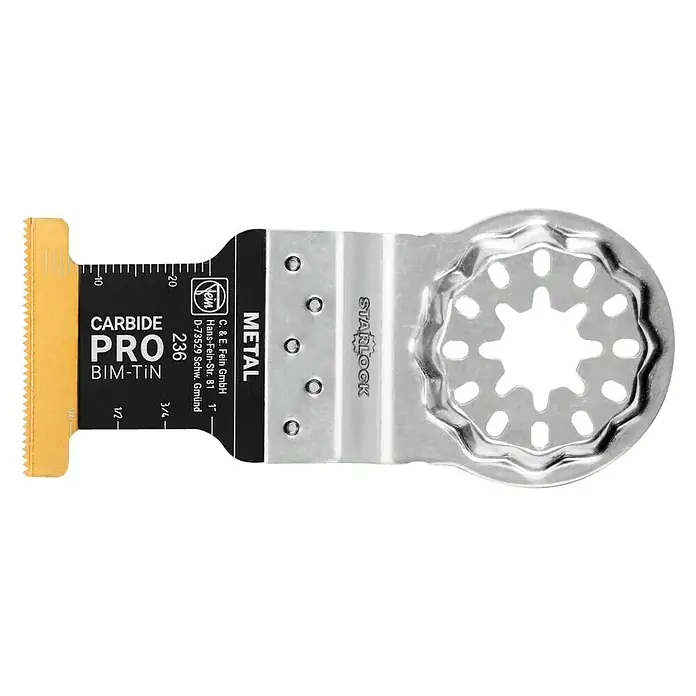 Fein Tauchsägeblatt E-Cut Carbide Pro - 3 Stk. - Das Bild zeigt ein Starlock Carbide Pro BIM-TiN Sägeblatt für Metalle, ein hochwertiges Werkzeug für präzise Schnitte.