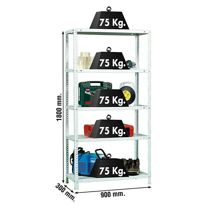 Simonrack Simonclassic Estantería metálica Advantage - Al x An x Pr: 180 x 90 x 30 cm, Capacidad de carga por balda: 75 kg, Número de baldas: 5 ud., Atornillado, Blanco - Ilustración de una estantería de alta resistencia con cinco estantes, cada uno con un límite de peso de 75 kg, para taller y almacén.