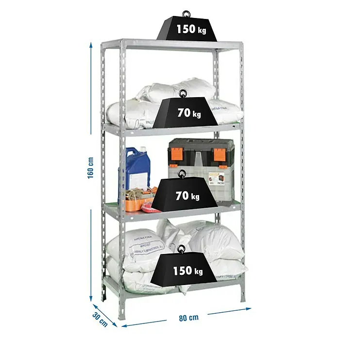 Simonrack Simonclick Metallregal Ecoclick Mini - H x B x T: 160 x 80 x 30 cm, Traglast pro Boden: 70 kg, Anzahl Böden: 4 Stk., Stecken, Silber - Abbildung eines silbernen Metallregals mit vier Ebenen, die mit diversen Artikeln und Gewichtsangaben beladen sind.