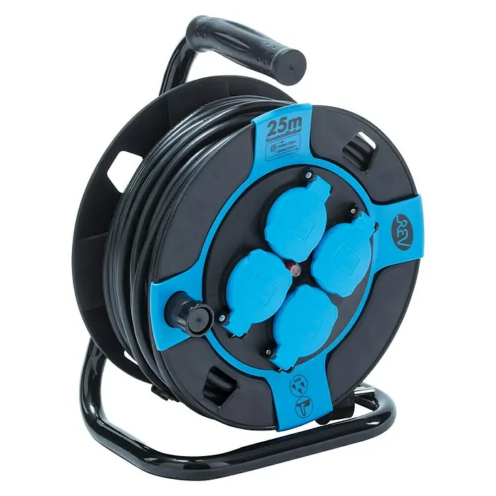 Kabeltrommel - Kunststoff, 25 m, H05VV-F, IP44 - Eine REV Kabeltrommel mit 25 Metern Kabel, vier blauen Steckdosen und einem schwarzen Tragegestell für den einfachen Transport.