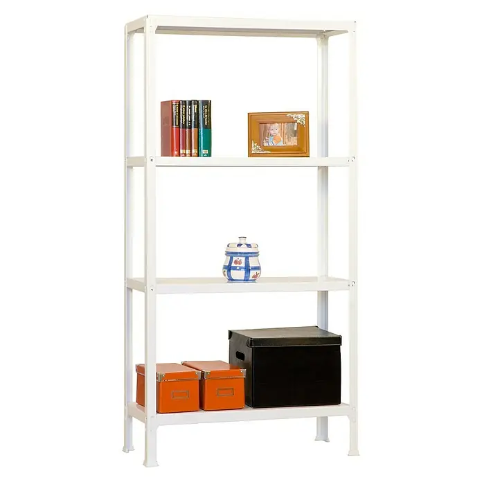 Simonrack Simonhome Metallregal Click Metall Mini - H x B x T: 160 x 80 x 30 cm, Traglast pro Boden: 150 kg, Anzahl Böden: 4 Stk., Stecken, Weiß/Weiß - Ein weißes Regal mit vier Regalböden, auf denen Bücher, ein Bilderrahmen, eine Dose und verschiedene Schachteln stehen.