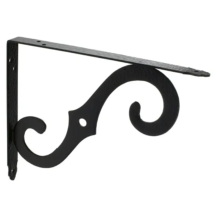 Rei Escuadra de soporte 1476 - L x An x Al: 20 x 25 x 1,2 cm - Imagen detallada de un soporte de estante decorativo negro. El soporte tiene un diseño de volutas y un acabado texturizado.