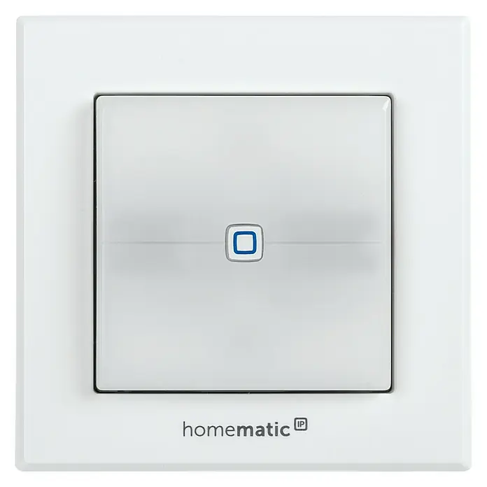 Homematic IP Funkschalter HmIP-BSL - 52 x 86 x 86 mm, Grau, 230 V - Nahaufnahme eines Homematic IP Wandschalters mit quadratischer Taste und Firmenlogo. Praktische Steuerung für Ihr Smart Home.