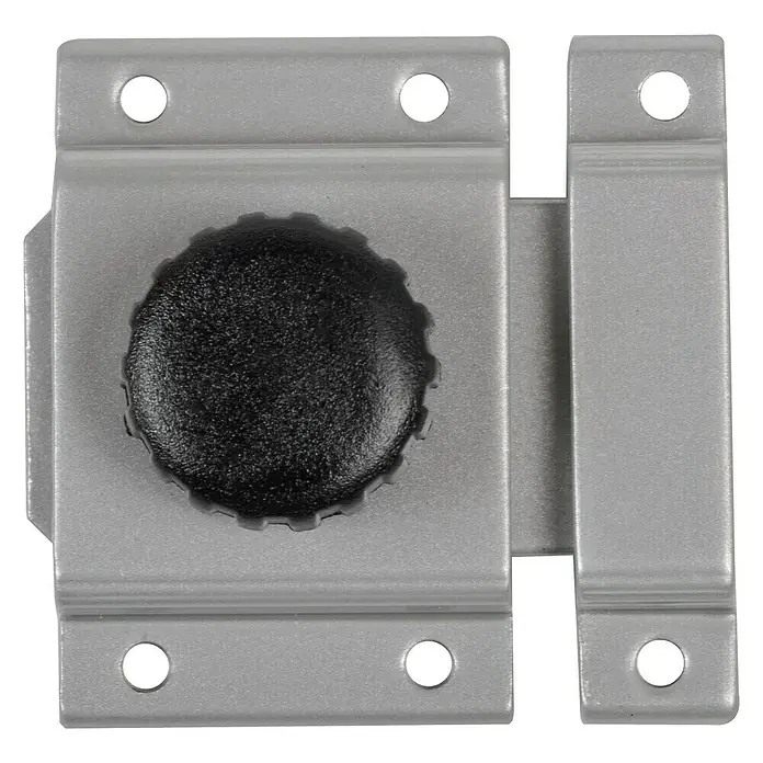 Pestillo deslizante - L x An x Al: 22 x 45 x 3,6 mm, Aluminio, Plateado - Primer plano de un pestillo de botón giratorio de color plateado con un pomo negro, ideal para puertas y cajones de armarios.