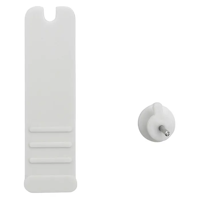 Inofix Gancho para colgar 3000 - Plástico, Montaje en la pared, Blanco - Primer plano de un tope para muebles blanco ajustable y un pin para fijarlo a los muebles. Protege los suelos y las alfombras.