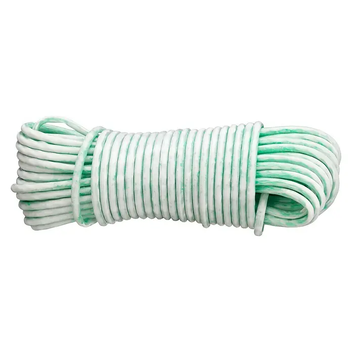 Cuerda DY2702823 - 5 mm x 10 m, Plástico, Verde, Carga soportada: 40 kg - Primer plano de una cuerda verde claro perfectamente enrollada. Ideal para diversas actividades al aire libre o como ayuda práctica en casa.