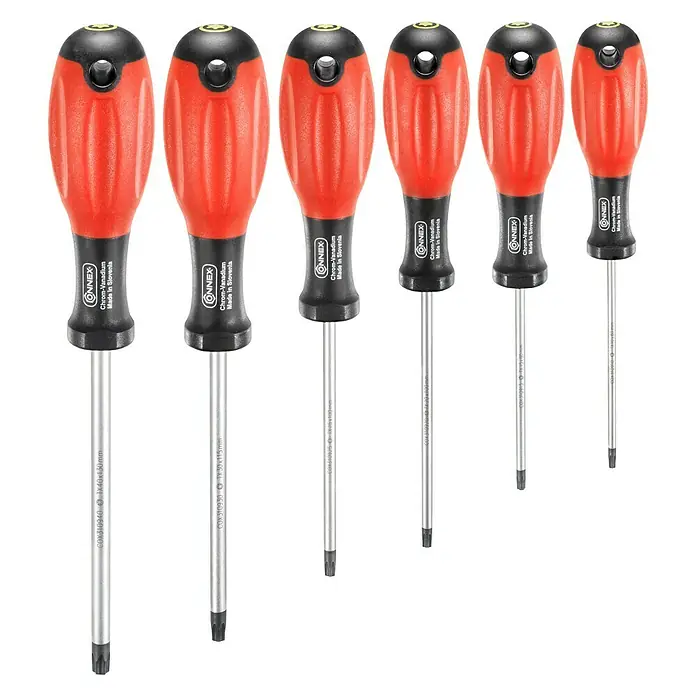 Connex Set de destornilladores COX310996 - 6 pzs., Acero - Seis destornilladores Connex Chrome-Vanadium en varios tamaños con mangos rojos para un atornillado de precisión.