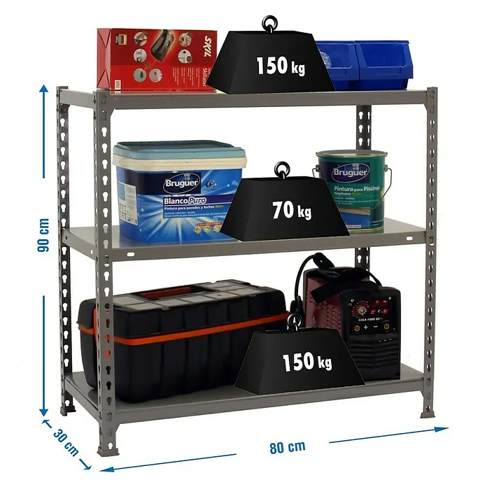 Simonrack Simonclick Metallregal Ecoclick Mini - H x B x T: 90 x 80 x 30 cm, Traglast pro Boden: 70 kg, Anzahl Böden: 3 Stk., Stecken, Grau - Ein graues Schwerlastregal mit drei Ebenen, beladen mit Werkzeugen, Farbeimern und einer Werkzeugkiste, dargestellt mit Gewichtsangaben.